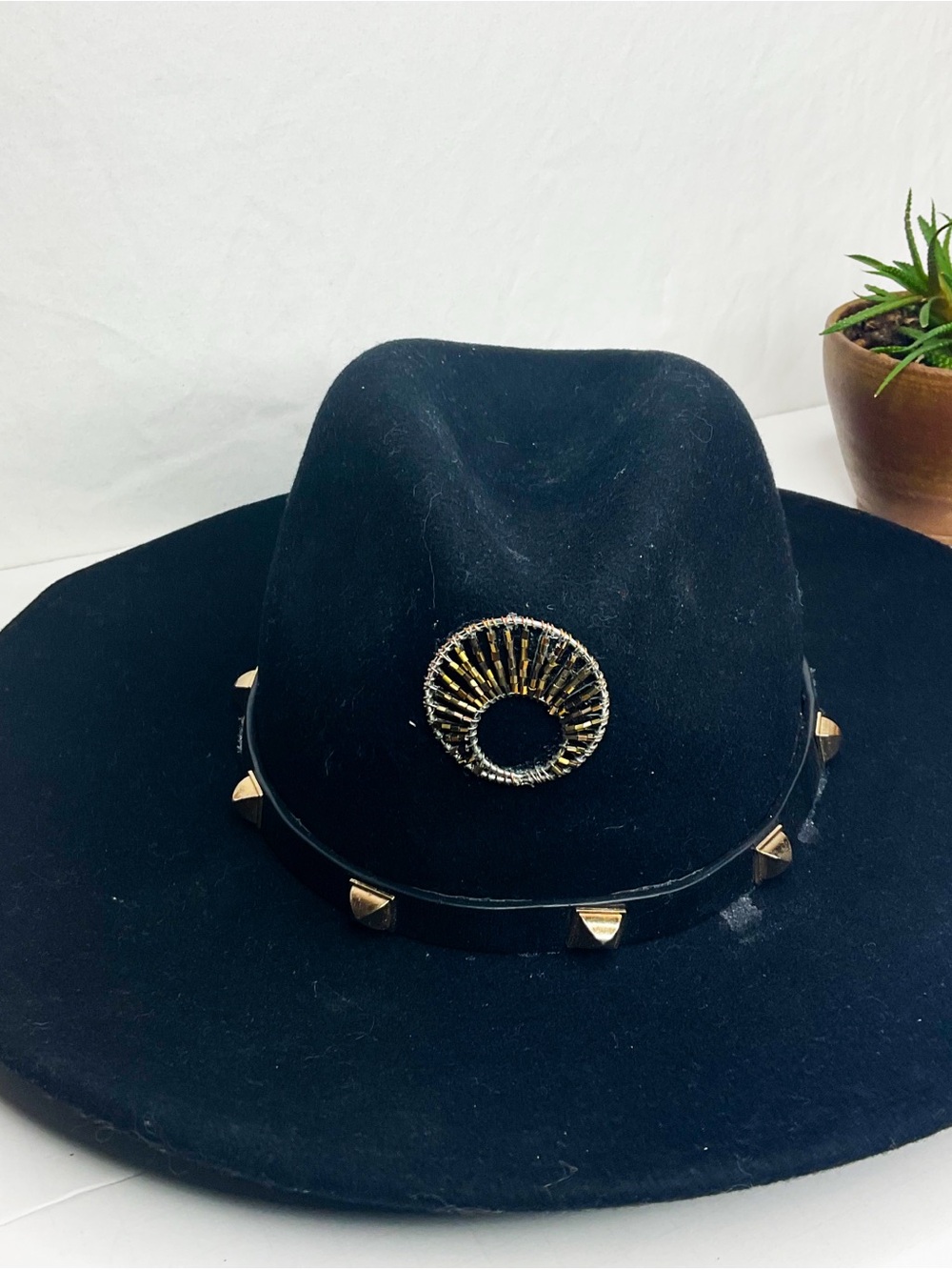 Wool Black Wide Brim Fedora Hat with Gold Studs